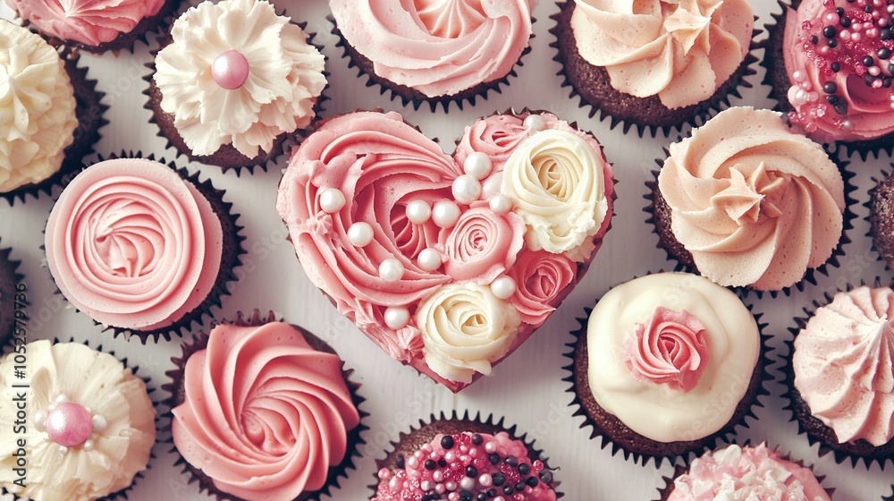 Close-up of a cupcake box with heart-shaped frosting and flower decorations Close-up of a cupcake box with heart-shaped frosting and flower decorations