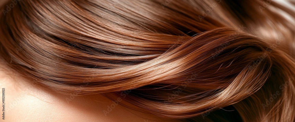 Close-up of silky, brown hair with a wave in the strand. Close-up of silky, brown hair with a wave in the strand.