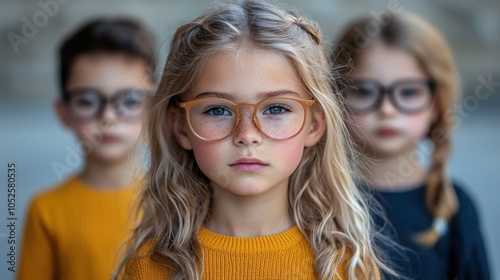 A group of three children, two with glasses, standing close together outdoors on a sunny day