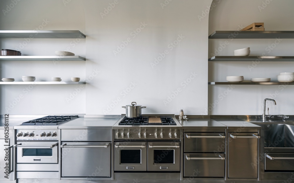 Fototapeta premium Modern kitchen with stainless steel appliances and open shelves.