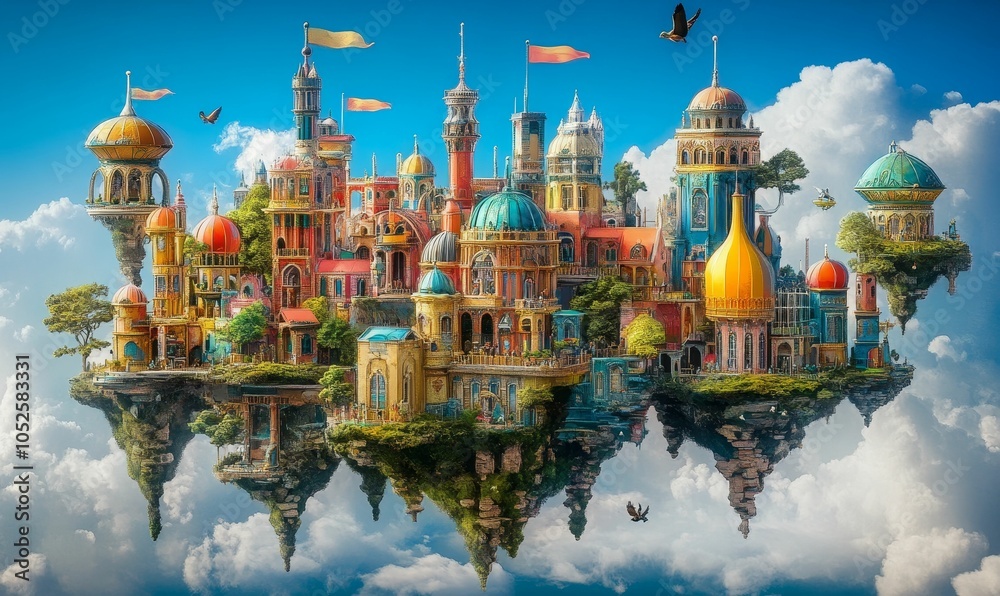 Fototapeta premium Floating city reflected in clouds.