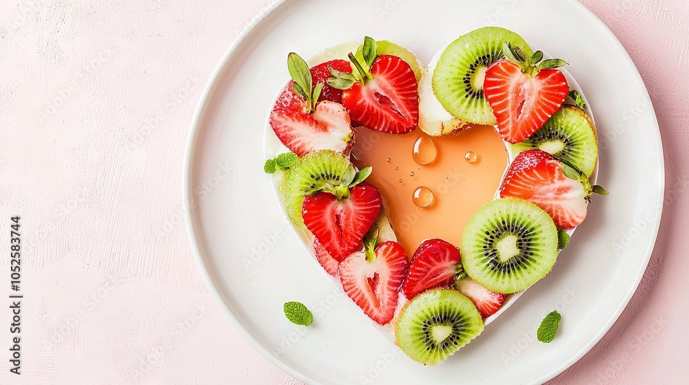 A white plate with a heart-shaped cake topped with sliced kiwi, strawberries, and kiwis A white plate with a heart-shaped cake topped with sliced kiwi, strawberries, and kiwis