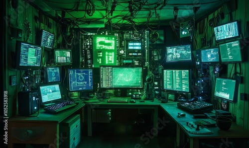 A computer desk with multiple screens displaying green code.