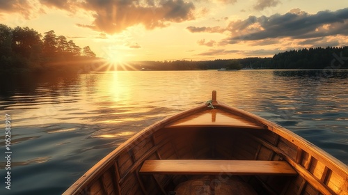 A picturesque view from the open cabin of a boat, capturing the tranquil waters and the sun setting on the horizon, casting a golden glow and enhancing the peaceful journey