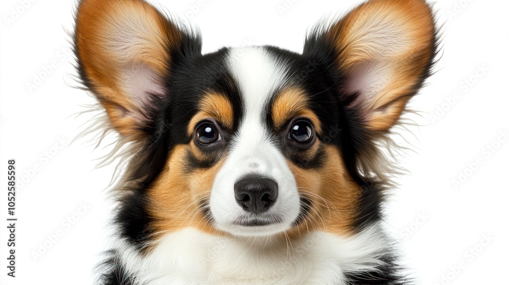 Fototapeta premium A playful corgi looks directly at the viewer with fluffy ears and bright eyes