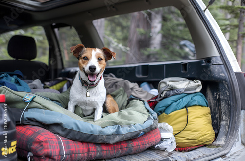 A dog guards the car and gear on a camping trip. Photo series
