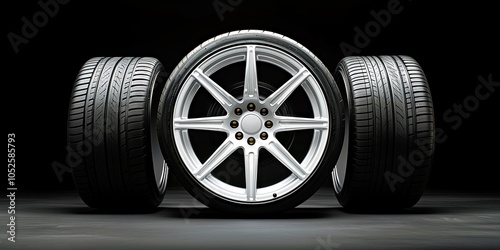 Three car tires arranged next to each other in a studio setting with dark background. photo