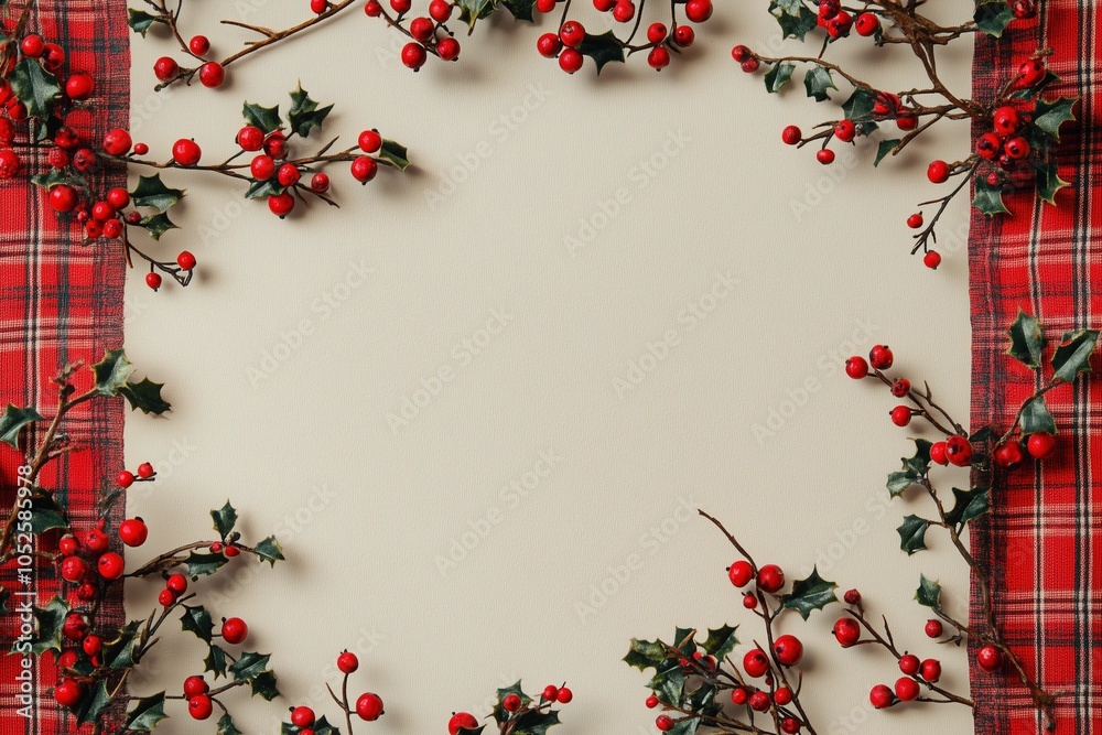 Christmas holly branches with red berries on beige and red plaid background, holiday copy space