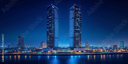 Two skyscrapers lit with blue lights in a vibrant night cityscape