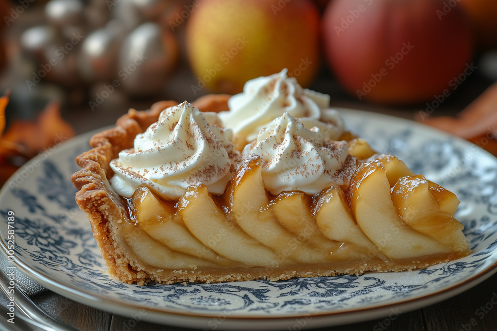 Pear and caramel tart, served with whipped cream on a fall-themed plate. Pear and caramel tart, served with whipped cream on a fall-themed plate.
