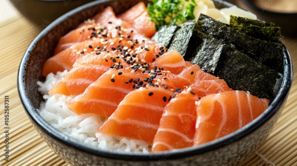 Salmon sashimi bowl with rice, sesame seeds, and seaweed Salmon sashimi bowl with rice, sesame seeds, and seaweed
