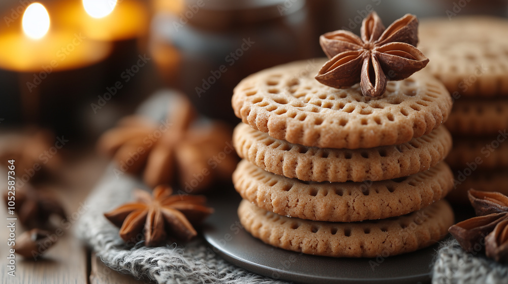 Ginger snap cookies with autumn spices, on a cozy background. Ginger snap cookies with autumn spices, on a cozy background.