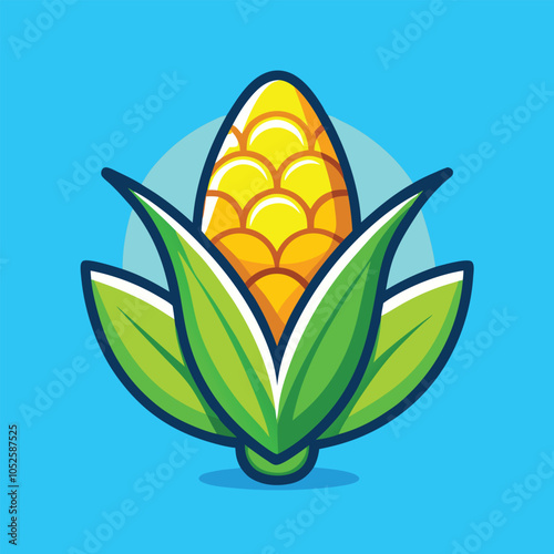 A cartoon illustration of an ear of corn with green husks.