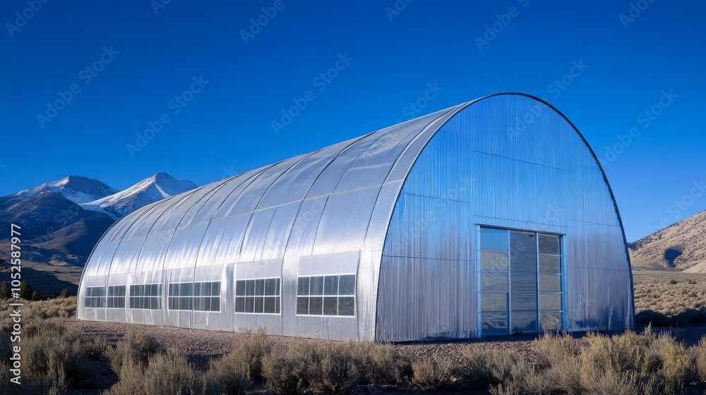 A sleek military industrial hangar tent with a silver exterior and reflective windows, featuring a semi-transparent roof design for natural light A sleek military industrial hangar tent with a silver exterior and reflective windows, featuring a semi-transparent roof design for natural light
