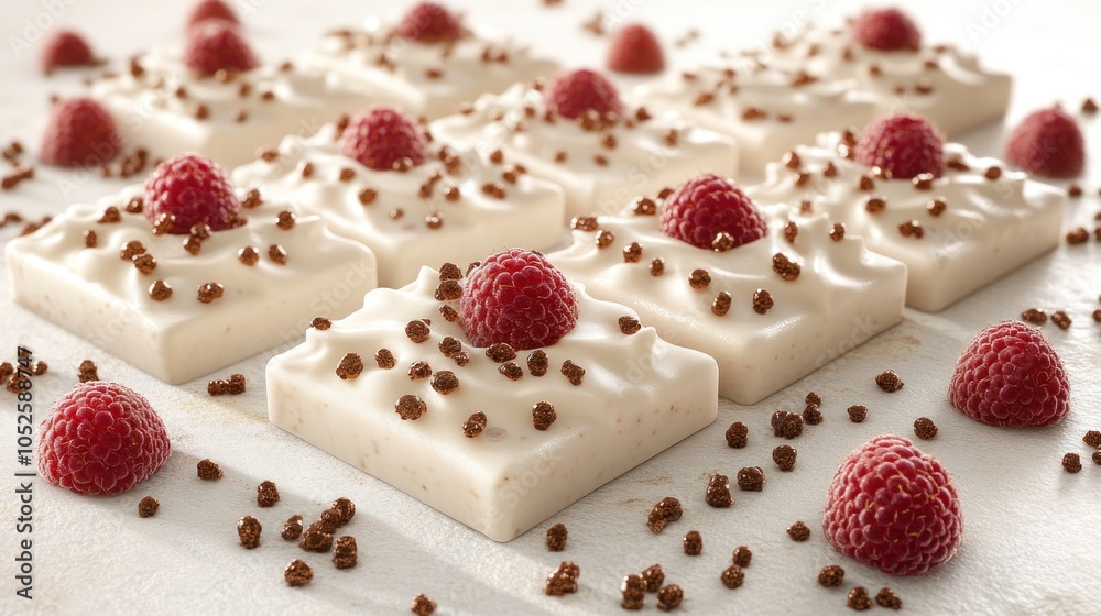 Creamy squares with raspberries and chocolate sprinkles invite indulgence Creamy squares with raspberries and chocolate sprinkles invite indulgence