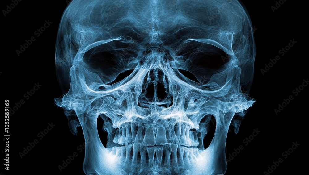 Captivating X-ray image showcasing detailed skull structure on black background with contrasting neon colors textures Captivating X-ray image showcasing detailed skull structure on black background with contrasting neon colors textures