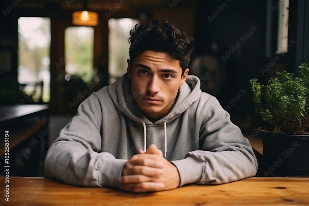 Portrait of a young man sitting at a table in a cafe Portrait of a young man sitting at a table in a cafe