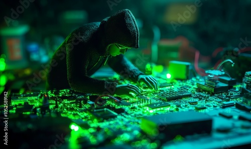 Hooded figure working on a circuit board. photo