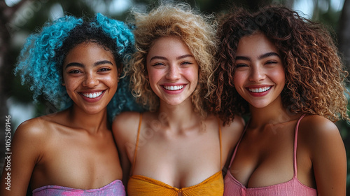 Diverse group of girlfriends girls together friends enjoying sunny day with joyful smiles colorful sunglasses