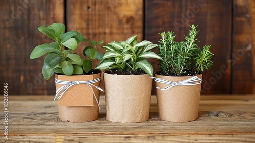 Three potted plants with rustic pots on a wooden table, showcasing greenery and natural decor.