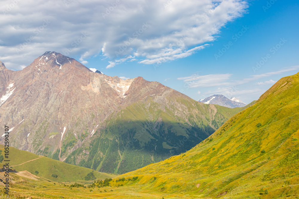 Scenic summer view of Zagar Pass, a high mountain pass at an elevation of 2.620m, from Ushguli in Upper Svaneti To Sasashi village in Lower Svaneti, Racha-Lechkhumi and Kvemo Svaneti region of Georgia