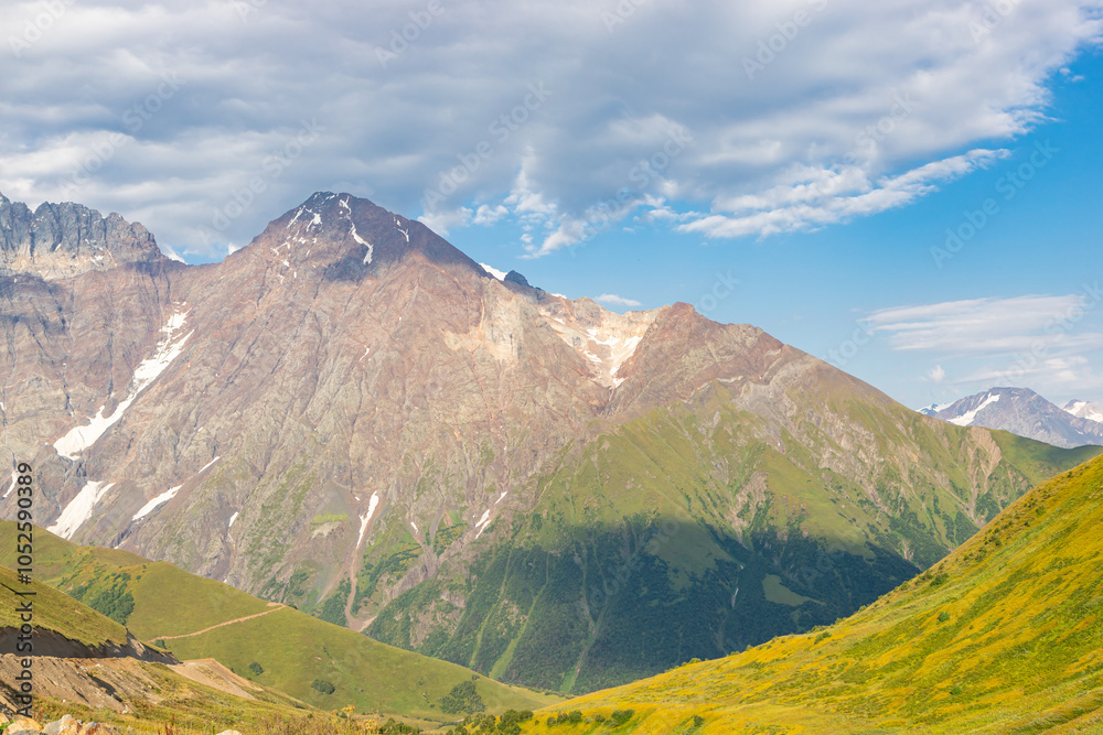 Scenic summer view of Zagar Pass, a high mountain pass at an elevation of 2.620m, from Ushguli in Upper Svaneti To Sasashi village in Lower Svaneti, Racha-Lechkhumi and Kvemo Svaneti region of Georgia