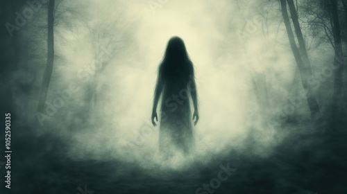 A ghostly female figure, her form dissolving into mist, appearing in a haunting forest setting shrouded in darkness and thick fog