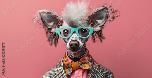 A Chinese Crested dog with a butterfly around its neck sits on a pink background and looks whimsical photo