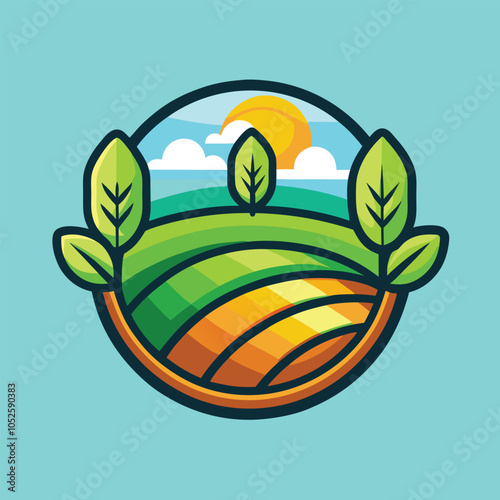 A bright and cheerful illustration of a farm landscape.