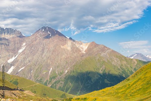 Obraz na płótnie Scenic summer view of Zagar Pass, a high mountain pass at an elevation of 2.620m, from Ushguli in Upper Svaneti To Sasashi village in Lower Svaneti, Racha-Lechkhumi and Kvemo Svaneti region of Georgia w salonie