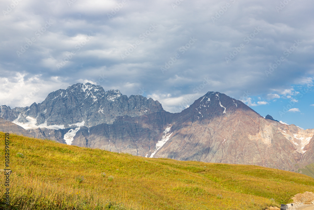 Scenic summer view of Zagar Pass, a high mountain pass at an elevation of 2.620m, from Ushguli in Upper Svaneti To Sasashi village in Lower Svaneti, Racha-Lechkhumi and Kvemo Svaneti region of Georgia