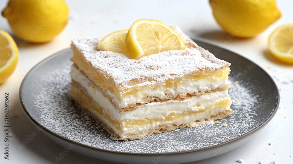 Faworki arranged in layers on a gray ceramic dish, with decorative lemon wedges and sugar clouds, on a soft white background Faworki arranged in layers on a gray ceramic dish, with decorative lemon wedges and sugar clouds, on a soft white background