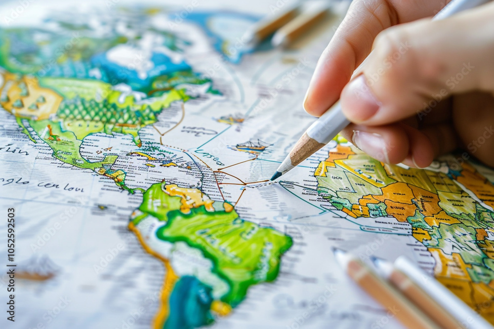 Planning a Trip: A Hand Traces a Route on a Colorful World Map Planning a Trip: A Hand Traces a Route on a Colorful World Map