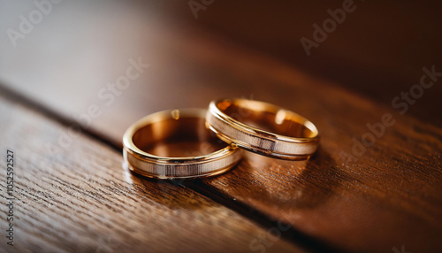 Pair of golden wedding bands on wooden table. Ring for bride and groom.