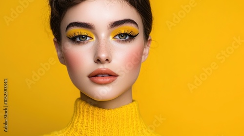 A striking portrait of a model with vibrant yellow eyeshadow and sweater, set against a matching yellow background, showcasing bold beauty and fashion.
