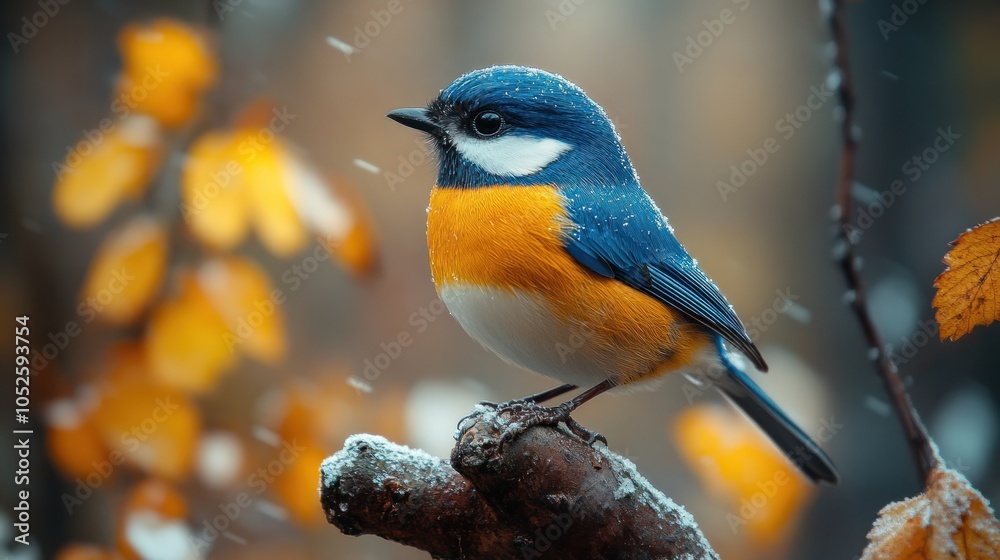 Obraz premium A small blue and yellow bird perched on a branch with snow falling.