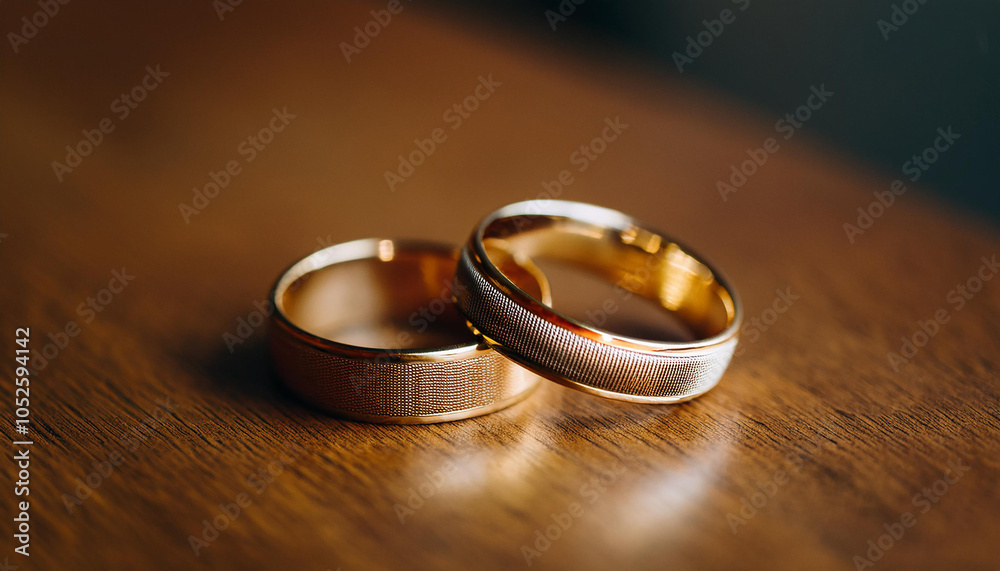 Pair of golden wedding bands on wooden table. Ring for bride and groom. Pair of golden wedding bands on wooden table. Ring for bride and groom.