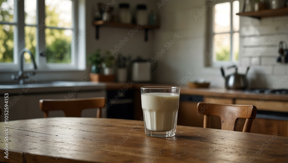 Modern kitchen scene with a glass of milk on a wooden table.