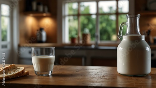 Modern kitchen scene with a glass of milk on a wooden table.