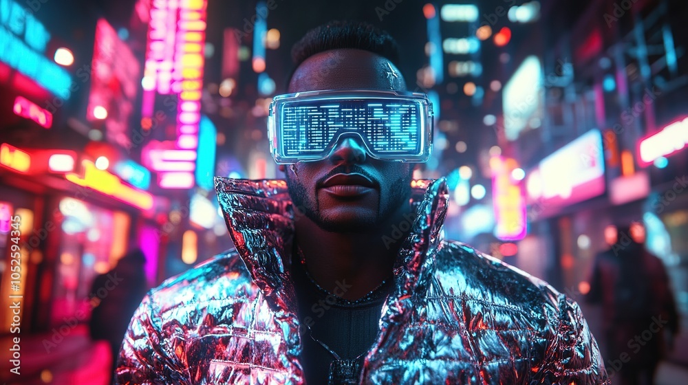 A full-body depiction of a cyberpunk gangster in a futuristic outfit, with oversized glasses projecting digital information, set against a backdrop of a neon-lit city at night A full-body depiction of a cyberpunk gangster in a futuristic outfit, with oversized glasses projecting digital information, set against a backdrop of a neon-lit city at night