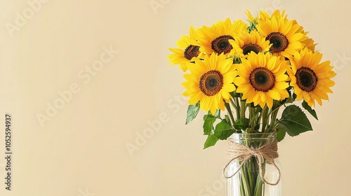   Vase with plenty of yellow sunflowers on wood table against beige wall