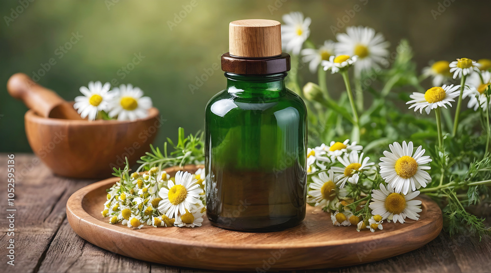 Blank bottle with chamomile flowers on wooden plates isolated on green background, organic product mock up, self care cosmetics, copy space area