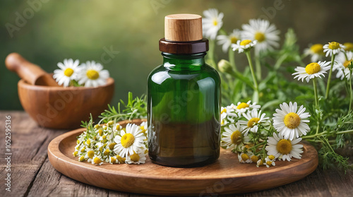 Obraz na płótnie Blank bottle with chamomile flowers on wooden plates isolated on green background, organic product mock up, self care cosmetics, copy space area w salonie