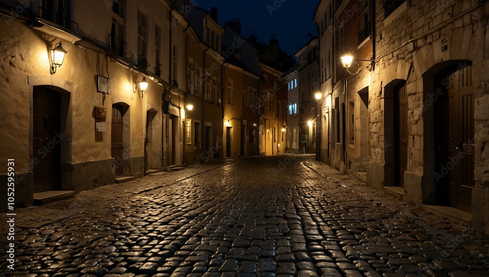 Narrow cobblestone street illuminated at night. Narrow cobblestone street illuminated at night.