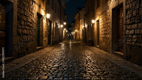 Narrow cobblestone street illuminated at night.