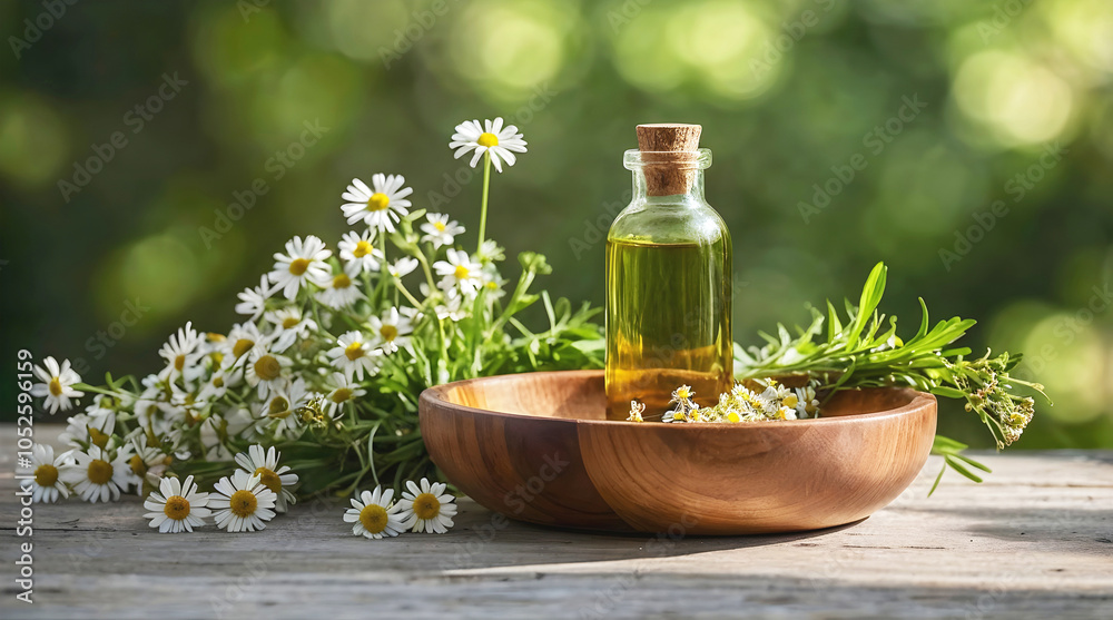 Blank bottle with chamomile flowers on wooden plates isolated on green background, organic product mock up, self care cosmetics, copy space area