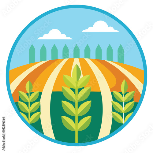 A cartoon illustration of a field of crops with a fence in the background.