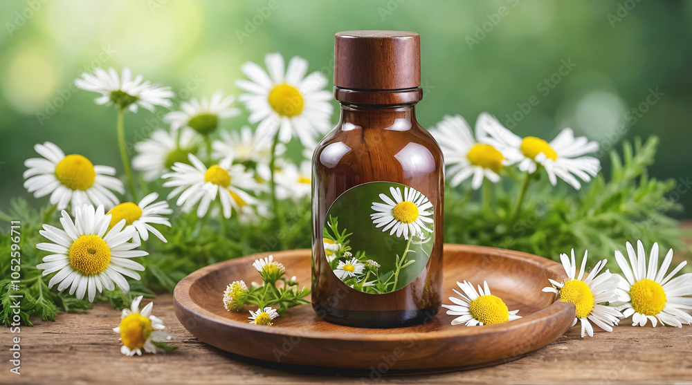 Blank bottle with chamomile flowers on wooden plates isolated on green background, organic product mock up, self care cosmetics, copy space area