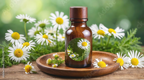 Obraz na płótnie Blank bottle with chamomile flowers on wooden plates isolated on green background, organic product mock up, self care cosmetics, copy space area w salonie