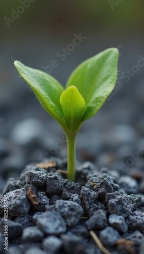 Symbol of rebirth vibrant green sprout emerging from gray ashes photo